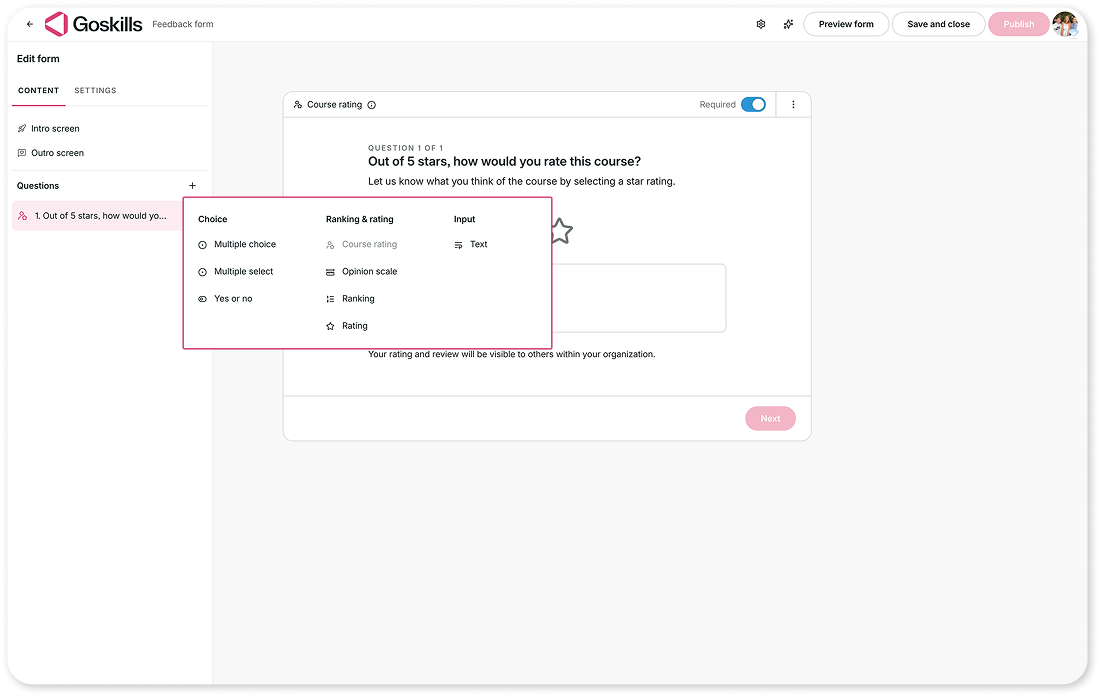 GoSkills custom feedback form builder showing course rating and question options.