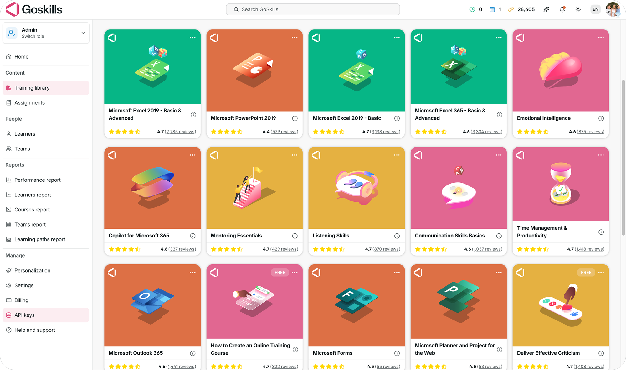 LXP UI example featuring the training library of GoSkills