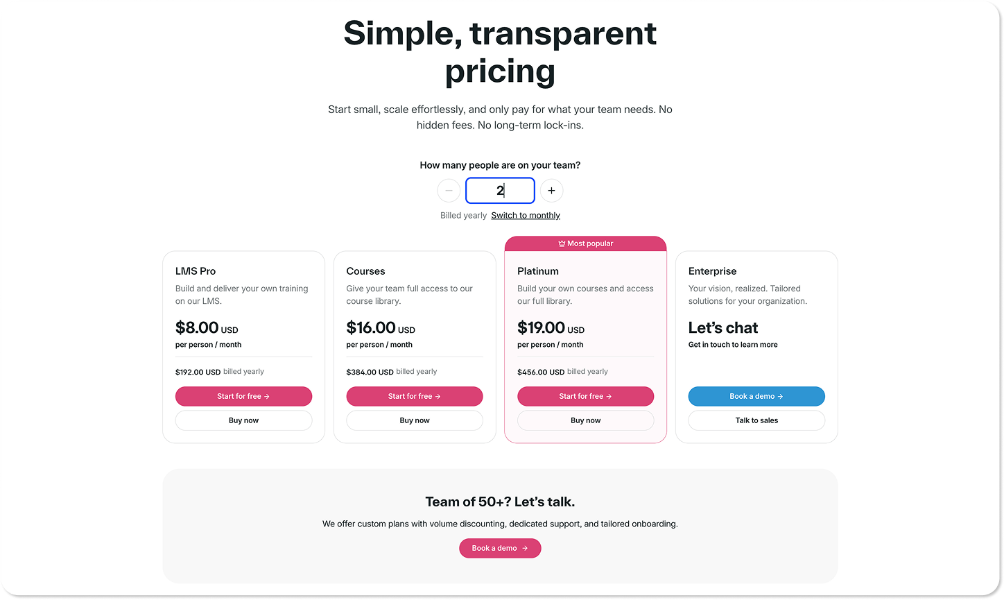 GoSkills organization pricing page showing LMS Pro, Courses, Platinum, and Enterprise plans with per-user pricing.