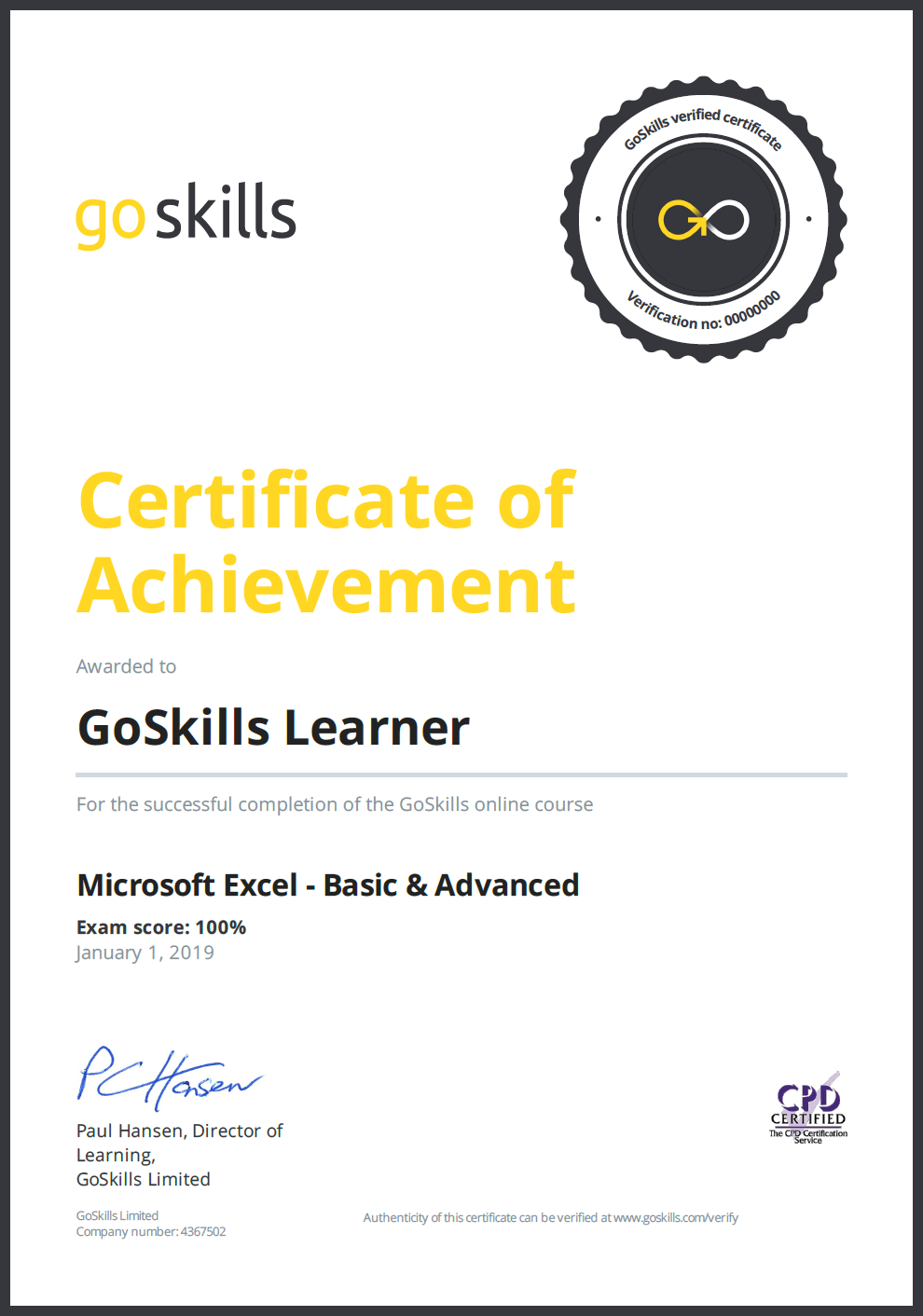 Example certificate